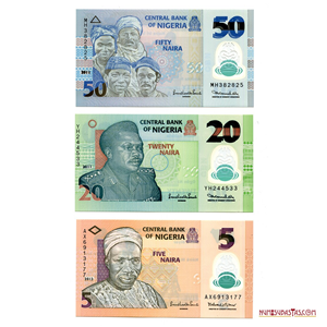 TRES BILLETES DE POLÍMERO 50, 20 Y 5 NAIRA DE NIGERIA EN ALTO GRADO