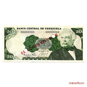 ESPECIMEN SIN VALOR DEL BILLETE DE 20BS DE SEPTIEMBRE – 25 - 1984