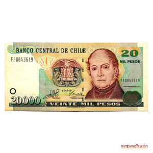 20.000 PESOS DE CHILE, 1999, CON EL RETRATO DE ANDRÉS BELLO