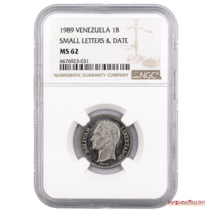 BOLÍVAR DE 1989 CON ERROR DE DOBLE TROQUEL. EFIGIE GRANDE, SIN ACENTO CERTIFICADO NGC MS62