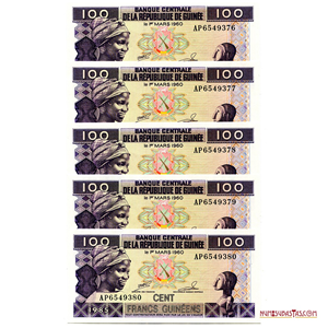 5 BILLETES CONSECUTIVOS DE 100FRANCS DE GUINEA 1985 EN ALTO GRADO DE CONSERVACIÓN
