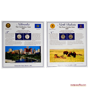 ¼$ DE NEBRASKA Y NORTH DAKOTA EN PRESENTACIÓN CON ESTAMPILLAS, CECAS FILADELFIA Y DENVER