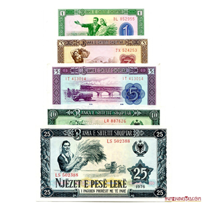 LOTE DE 5 BILLETES LEKE DE ALBANIA EMITIDOS EN 1976