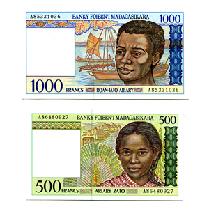 HERMOSOS BILLETES DE MADAGASCAR DE 1.000 Y 500 FRANCS EN ALTO GRADO DE CONSERVACIÓN