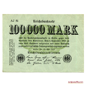 BILLETE INFLACIONARIO ALEMÁN DE 100.000 MARCOS ALEMANES DEL AÑO 1923