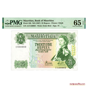 ESCASO BILLETE DE MAURICIO, 25 RUPEES, 1967 PMG GEM UNC 65 EPQ
