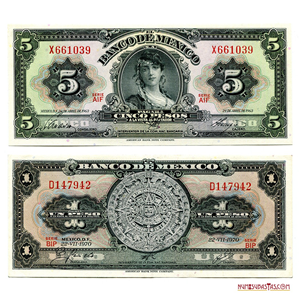 HERMOSOS BILLETES DE 5 Y 1 PESOS MEXICANOS EN ALTO GRADO DE CONSERVACIÓN