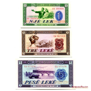 SET DE BILLETES ALBANESES DE 1, 3 Y 5 LEKES DE 1964, EN ALTO GRADO