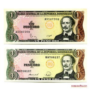 DOS BILLETES DE 1 PESO DOMINICANO DE 1984 Y 1988
