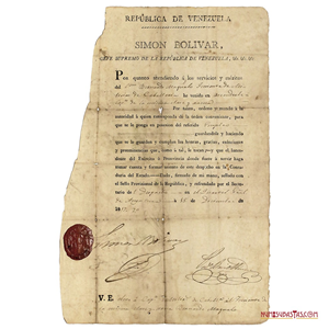 NOMBRAMIENTO PARA BERNARDO MAQUALO, FIRMADO POR SIMÓN BOLÍVAR Y REFRENDADO CON LAS FIRMAS DE PEDRO BRICEÑO MÉNDEZ, CARLOS SOUBLETTE, FRANCISCO ZEA Y MANUEL QUINTERO