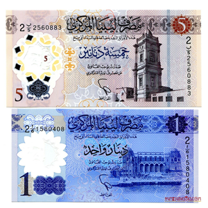 BILLETES DE POLÍMERO DE 5 Y 1 DINAR DE LIBIA EN ALTO GRADO