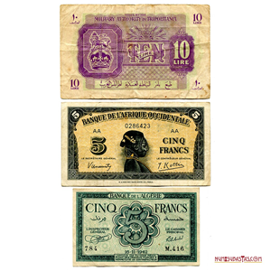 LOTE DE 3 BILLETES AFRICANOS EMITIDOS DURANTE LA II GUERRA MUNDIAL