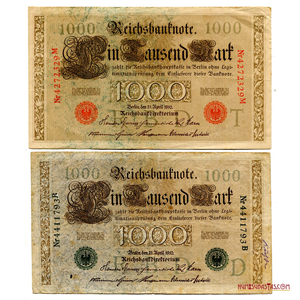 DOS VARIANTES DE LOS 1.000MARKS ALEMANES, 1910, SELLO NARANJA Y SELLO VERDE