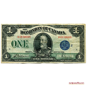 BILLETE DE 1$ DE CANADÁ, DE JULIO 2° 1923, SELLO AZUL, FIRMAS MCCAVOUR – SAUNDERS, GRUPO 2B