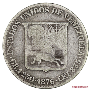 1/20 VENEZOLANO O 5 CENTAVOS DE PLATA DE 1876,  A LATINA