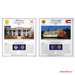 ¼$ DE ALABAMA Y MISSISSIPPI EN PRESENTACIÓN CON ESTAMPILLAS, CECAS FILADELFIA Y DENVER