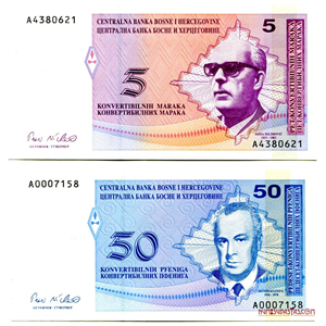 PAREJA DE ESCASOS BILLETES DE BOSNIA Y HERZEGOVINA 5 MARAKA Y 50 PFENIGA