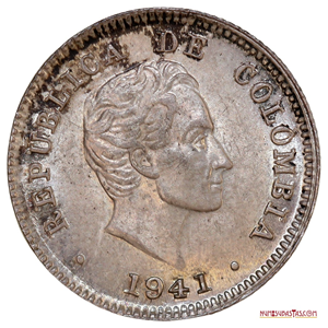 HERMOSA MONEDA DE PLATA DE 10 CENTAVOS COLOMBIANOS DE 1941 CON EL BUSTO DEL LIBERTADOR