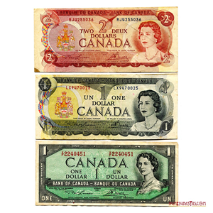 LOTE DE 3 BILLETES DE CANADÁ CON EL BUSTO DE ELIZABETH II