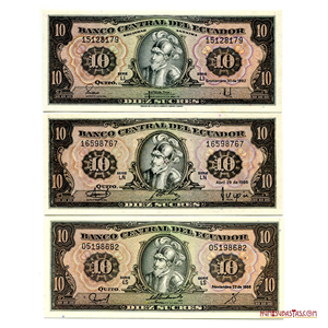 BILLETES DE 10 SUCRES DE 1982, 1986 Y 1988 EN ALTO GRADO DE CONSERVACIÓN