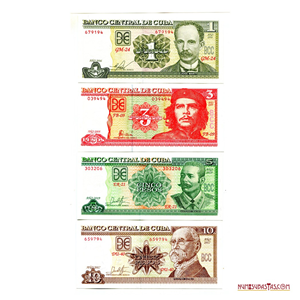 SET DE BILLETES CUBANOS DE 1, 3, 5 Y 10 PESOS EN ALTO GRADO DE CONSERVACIÓN