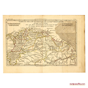 INTERESANTE MAPA DE VENEZUELA, COLOMBIA, PANAMÁ Y LAS GUYANAS, 1780. REALIZADO POR
RIGOBERT BONNE