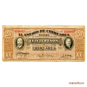 BILLETE “2 CARITAS” DE 20 PESOS DE CHIHUAHUA FECHADO EN 1915