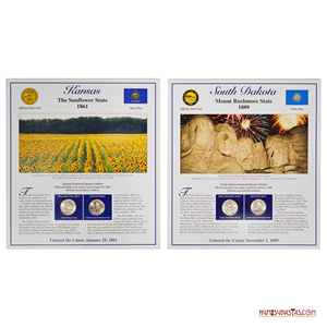¼$ DE KANSAS Y SOUTH DAKOTA EN PRESENTACIÓN CON ESTAMPILLAS, CECAS FILADELFIA Y DENVER