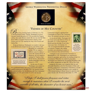 1 DÓLAR DE WASHINGTON ACUÑADO EN 2007, SELLADA EN CARPETA ORIGINAL, CON DOS ESTAMPILLAS