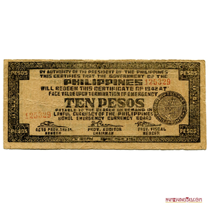 BILLETE DE EMERGENCIA DE LA RESISTENCIA FILIPINA CONTRA JAPÓN, 10 PESOS 1942