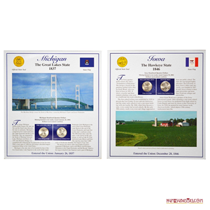 ¼$ DE MICHIGAN Y IOWA EN PRESENTACIÓN CON ESTAMPILLAS, CECAS FILADELFIA Y DENVER