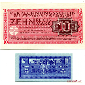 PAREJA DE BILLETES DE LA WEHRMACHT NAZI DE 10 REICHSMARK 1944 Y 1 REICHSPEFENNIG 1942
