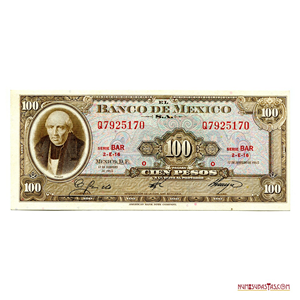 HERMOSO BILLETE DE 100 PESOS MEXICANOS DE 1965 EN ALTO GRADO DE CONSERVACIÓN