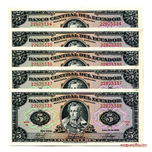 LOTE DE 5 BILLETES DE 5 SUCRES DE 1979 EN ALTO GRADO DE CONSERVACIÓN
