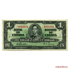 ATRACTIVO BILLETE CANADIENSE BILINGÜE DE 1 DOLLAR EMITIDO EN 1937