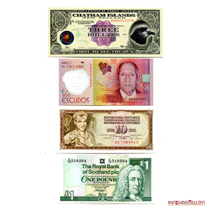 LOTE DE 4 BILLETES MUNDIALES EN ALTO GRADO, DOS DE ELLOS EN POLÍMERO