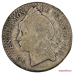 MONEDA DE PLATA DE 50 CENTÉSIMOS DE FRANCO DOMINICANO, 1891