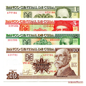 SET DE BILLETES CUBANOS DE 10, 5, 3 Y 1 PESO 2005-2019 EN ALTO GRADO DE CONSERVACIÓN 