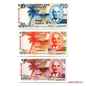 SET DE 10, 5 Y 1 KWACHA DE MALAWI EN ALTO GRADO DE CONSERVACIÓN