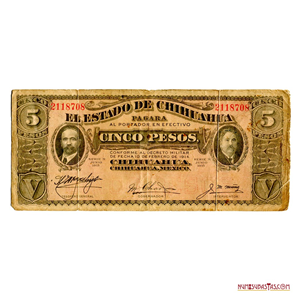 BILLETE “2 CARITAS”: 5 PESOS DE CHIHUAHUA AÑO 1914
