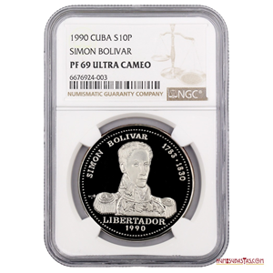 50 PESOS CUBANOS DE PLATA PURA DE 1990, HOMENAJE AL LIBERTADOR SIMÓN BOLÍVAR. TOPE DE GRADO. NGC PROOF69 ULTRA CAMEO