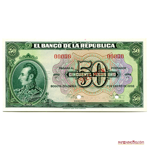 SPECIMEN DE 50 PESOS COLOMBIANOS, DEL 1° DE ENERO DE 1958.