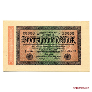 BILLETE DE 20.000 MARCOS ALEMANES INFLACIONARIOS DE 1923 EN ALTO GRADO DE CONSERVACIÓN