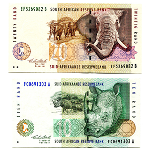 BILLETES DE 20 Y 10 RAND DE SUDÁFRICA EN ALTO GRADO