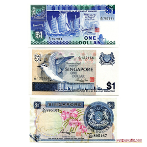 LOTE DE 3 BILLETES DE 1$ DE SINGAPUR DE DISEÑOS DIFERENTES, ESCASOS