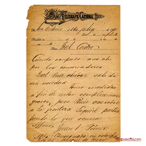 TELEGRAMA DE JUAN VICENTE GÓMEZ DIRIGIDO AL GENERAL CIPRIANO CASTRO DONDE LE INFORMA LA SITUACIÓN MILITAR DE CÚCUTA. 1900.