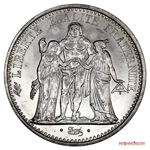 GRAN MONEDA DE PLATA DE 10 FRANCOS FRANCESES, 1965, CON SIMBOLOGÍA MASÓNICA