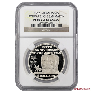 5$ DE BAHAMAS, 1992, CON BOLÍVAR Y SAN MARTÍN. NGC PROOF 68 ULTRA CAMEO.