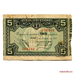 5 PESETAS DE 1937 EMITIDAS POR EL BANCO DE ESPAÑA, BILBAO
