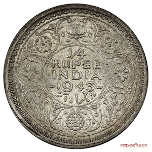 ¼ RUPIA DE PLATA DE 1943 DE LA INDIA BRITÁNICA EN ALTO GRADO